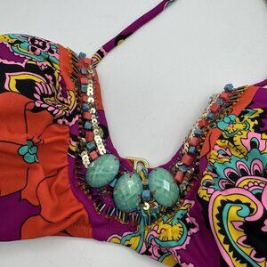 Y2K Victorias Secret Swim Top Orange Bikini Turquoise Beaded Embellished Tropic